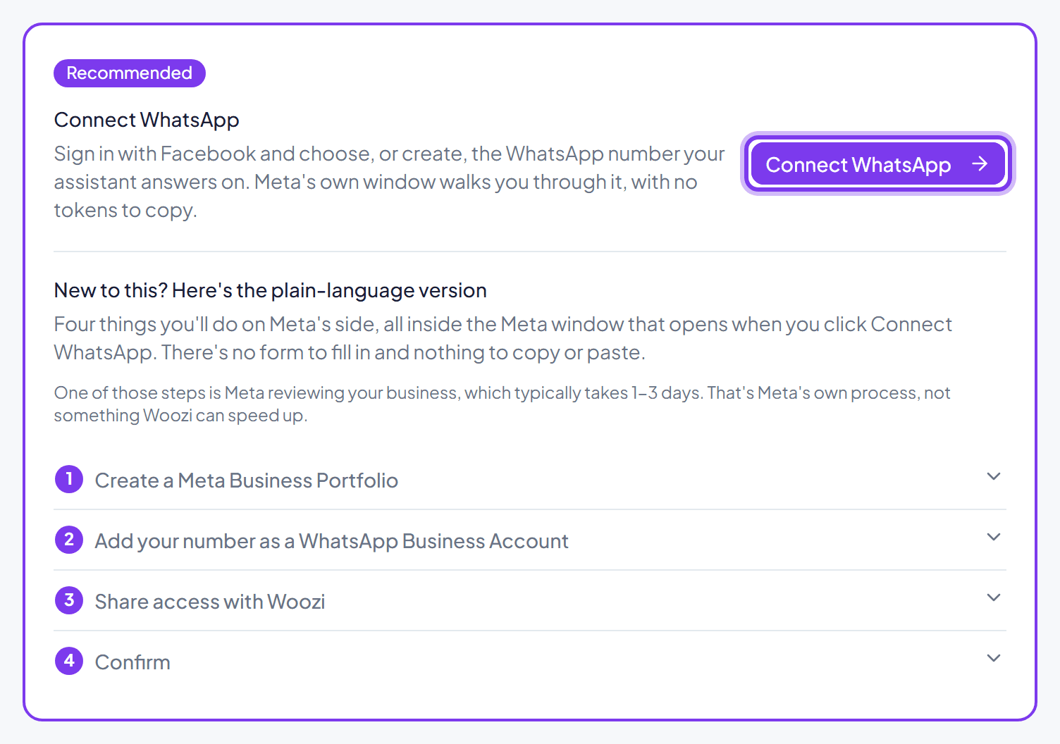 The Connect WhatsApp card, in Settings or during onboarding