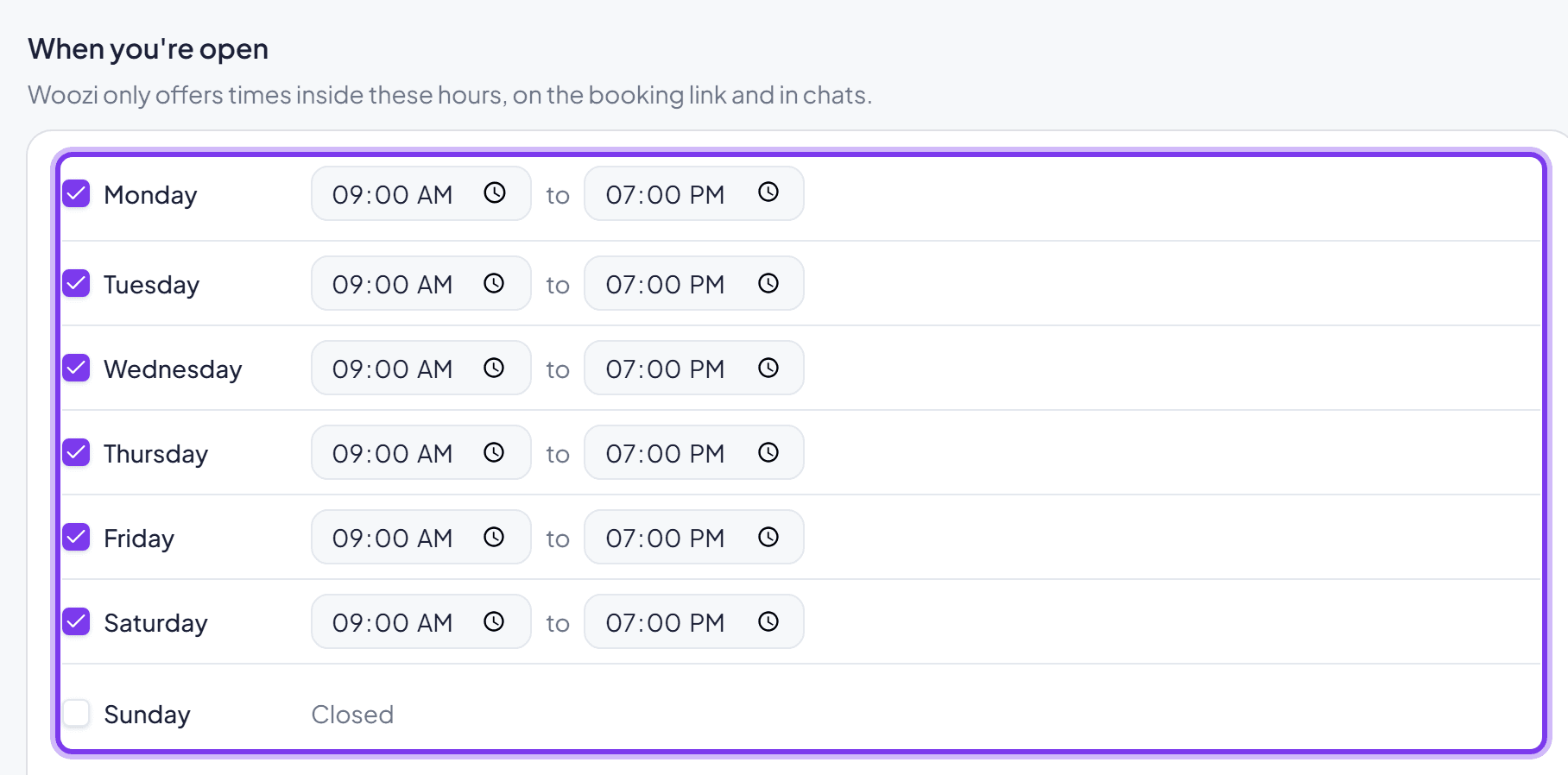 Setting opening hours, one row per day