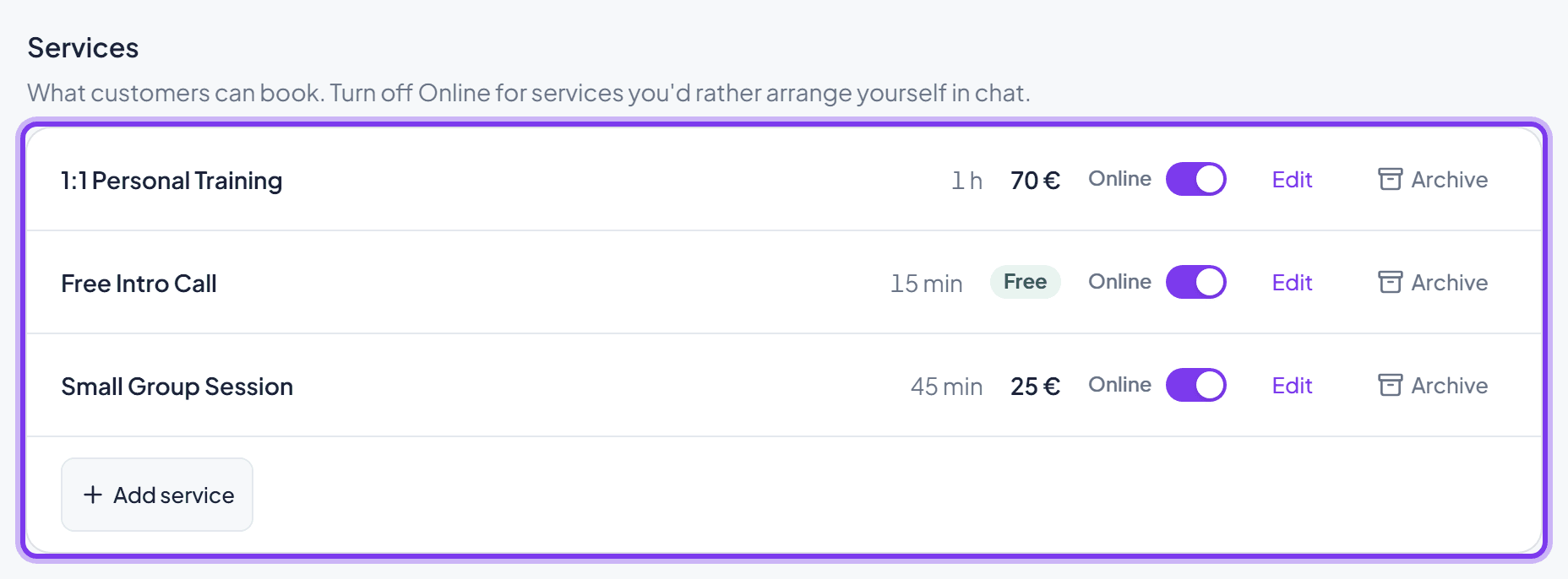 A service's Name, Duration, Price and Online switch
