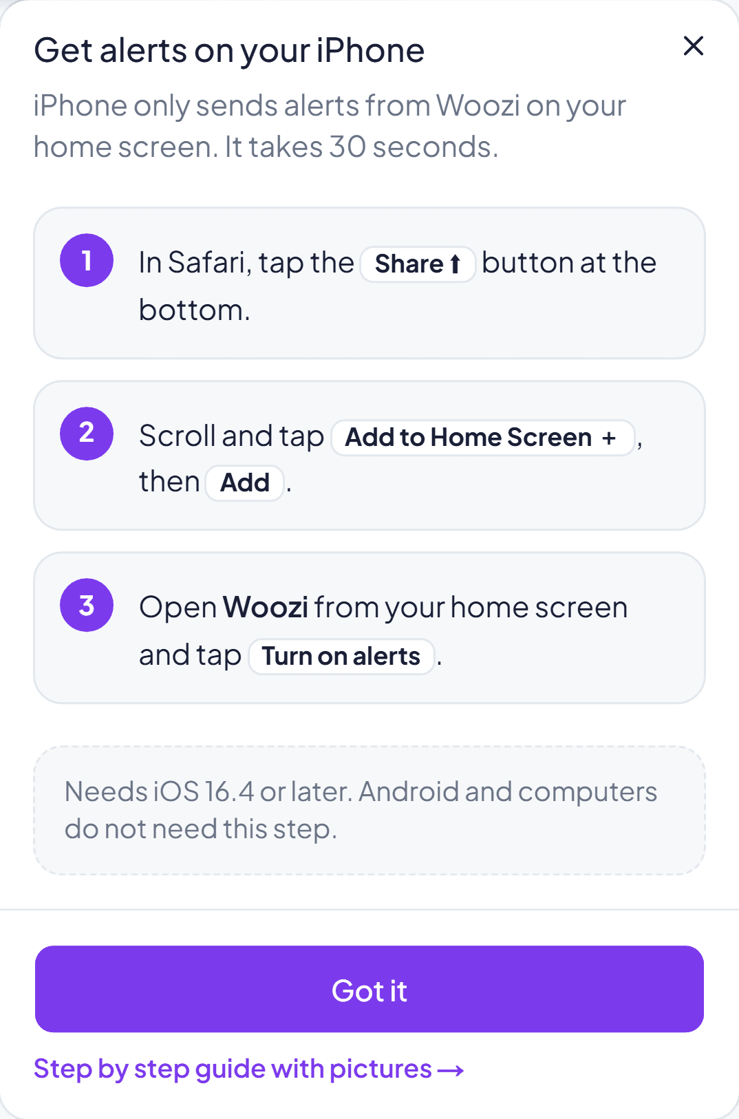 The iPhone setup steps, shown inside Woozi