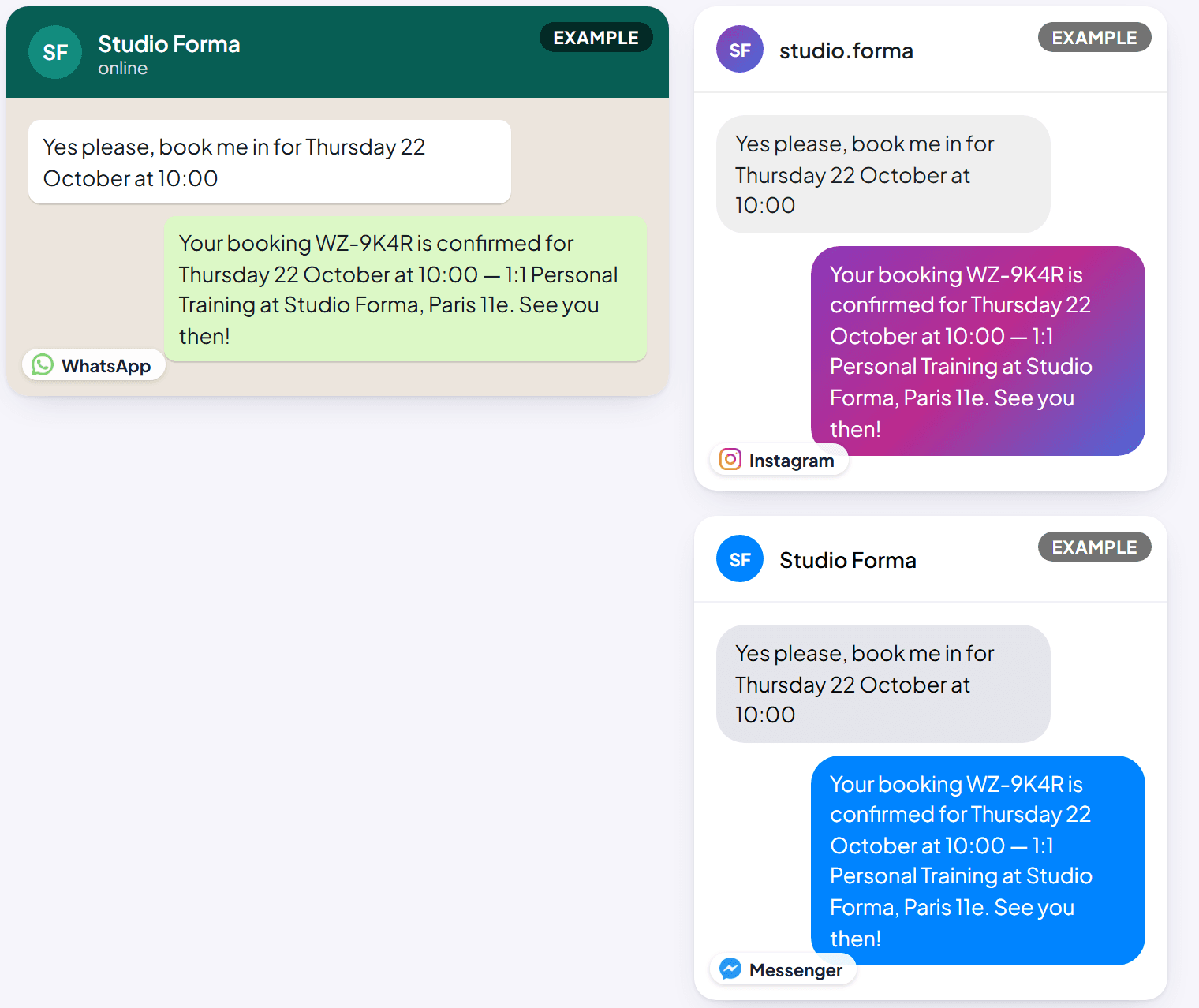 Woozi AI confirming a booking it just made in chat, example wording