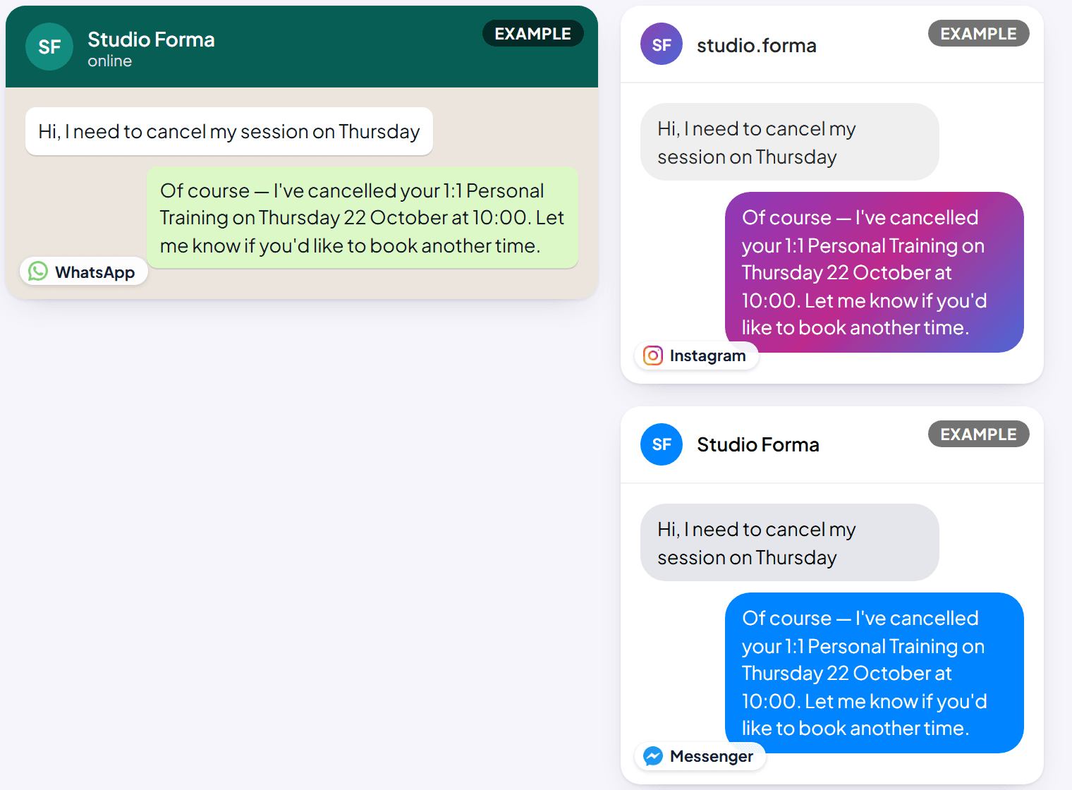 Woozi AI confirming a cancellation, example wording