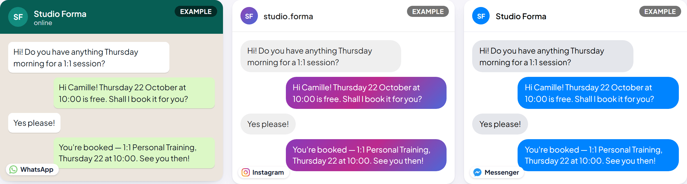 The same short booking exchange, as it would look on WhatsApp, Instagram and Messenger