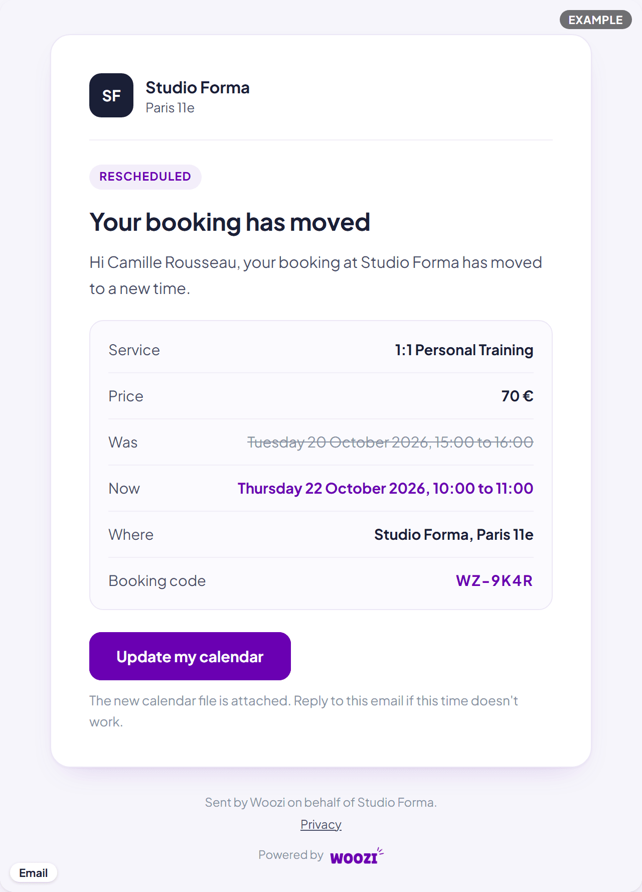 The reschedule email, showing the old time struck through and the new one
