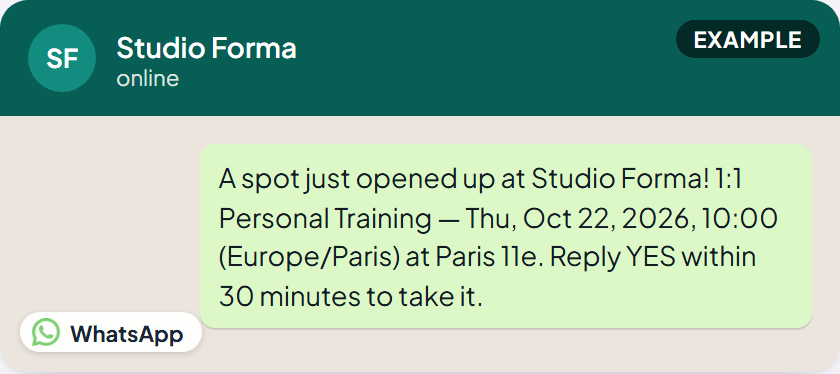 A waitlist offer, example wording built from Woozi's real values
